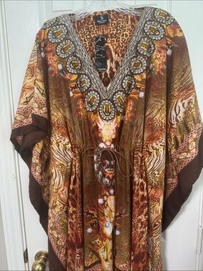 Sheer Desert Brown Animal-Print Swim Coverup Kaftan